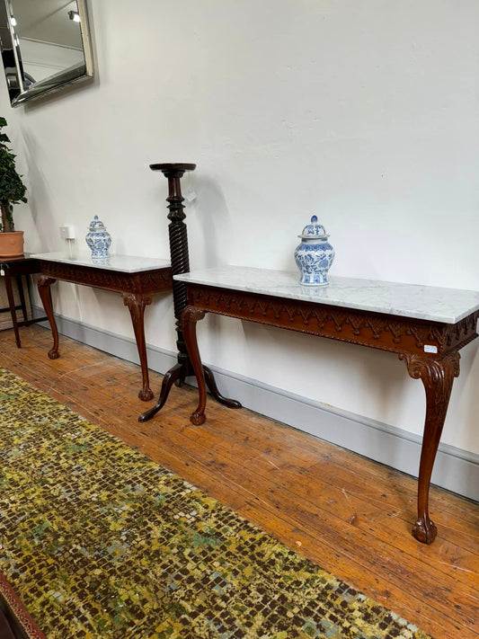 Exceptional Pair of Marble Top Console Tables