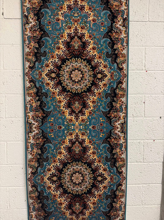 Fine Woven Full Pile Turquoise Embossed Ground Runner Rug